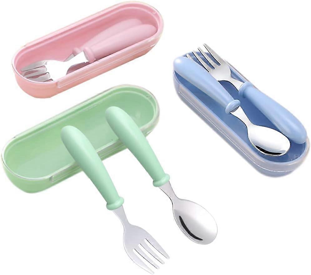 3 Toddler Fork and Spoon Sets, Safe Baby Tableware Kids Feeding Cutlery Utensils with Travel Case, Pink + Green + Blue