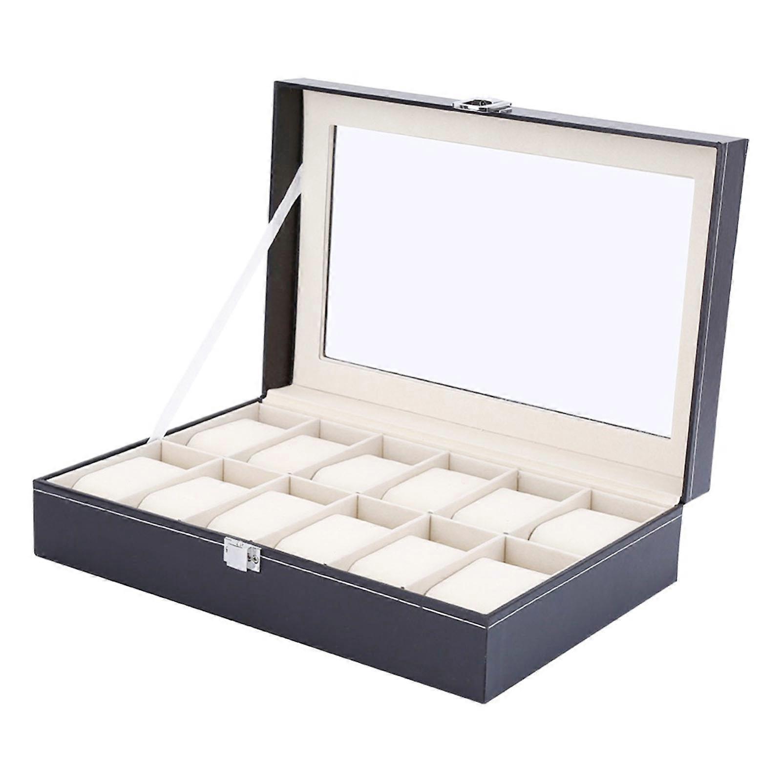 Wooden Watch Box 12 Slots Scratch-Proof Transparent Display Case