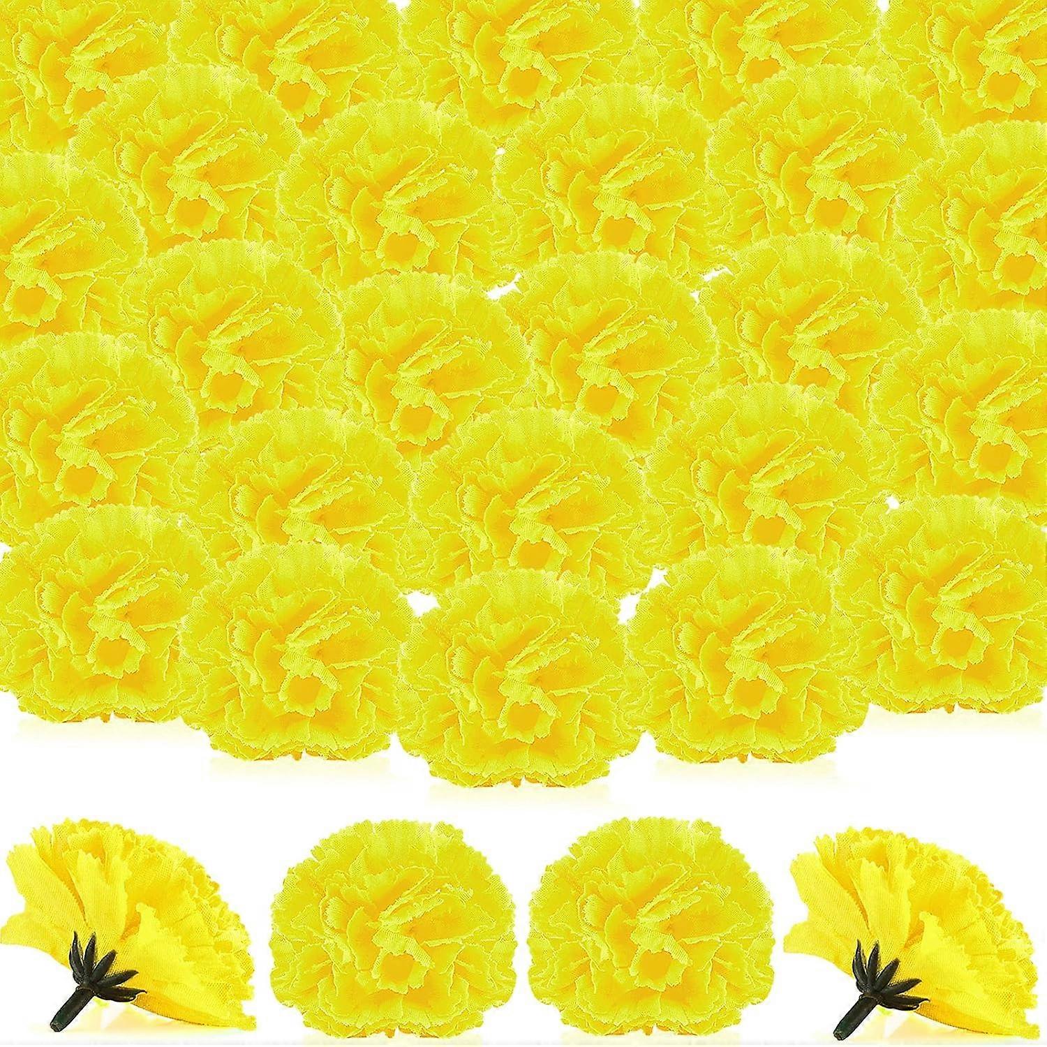 50個マリーゴールドフラワーヘッドバルク造花茎付きDIYマリーゴールドガーランド死者の日の装飾ディア・デ・ロス(イエロー、2.4インチ)