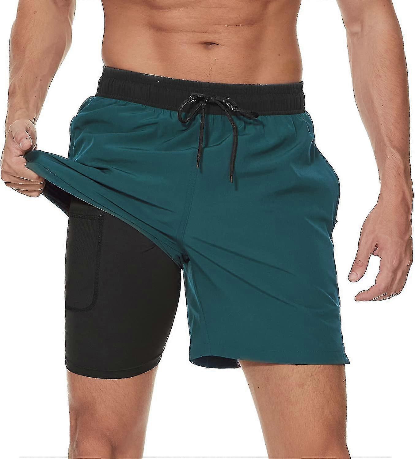 Maillot de bain pour homme avec doublure de compression 2 en 1 Short de bain pour homme à séchage rapide avec boxer Slip doublé Surf Short de plage extensible avec poches zippées Xi