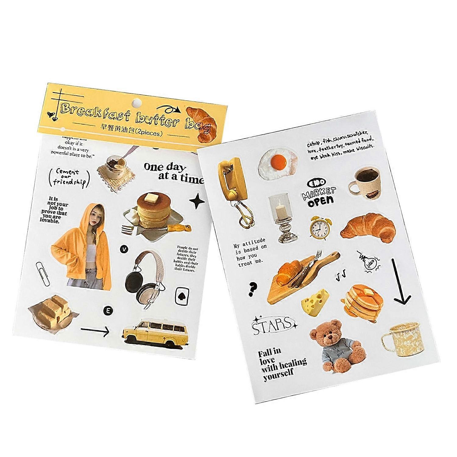 2 Sheets Scrapbooking Paper Stickers Breakfast Butter Bread Decorative Handbook Decals for Diary Alb