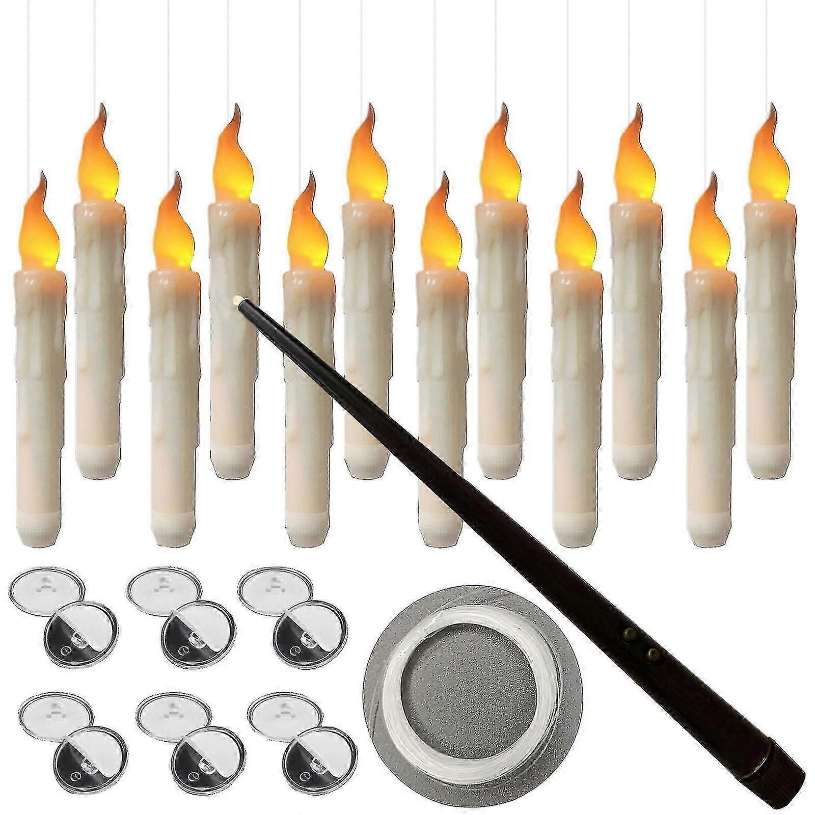 Floating Candles With Wand Remote Control, 12 Pack Led Flameless Flickering Stick Candles Battery Operated Harry Potter Floating Candles For Halloween
