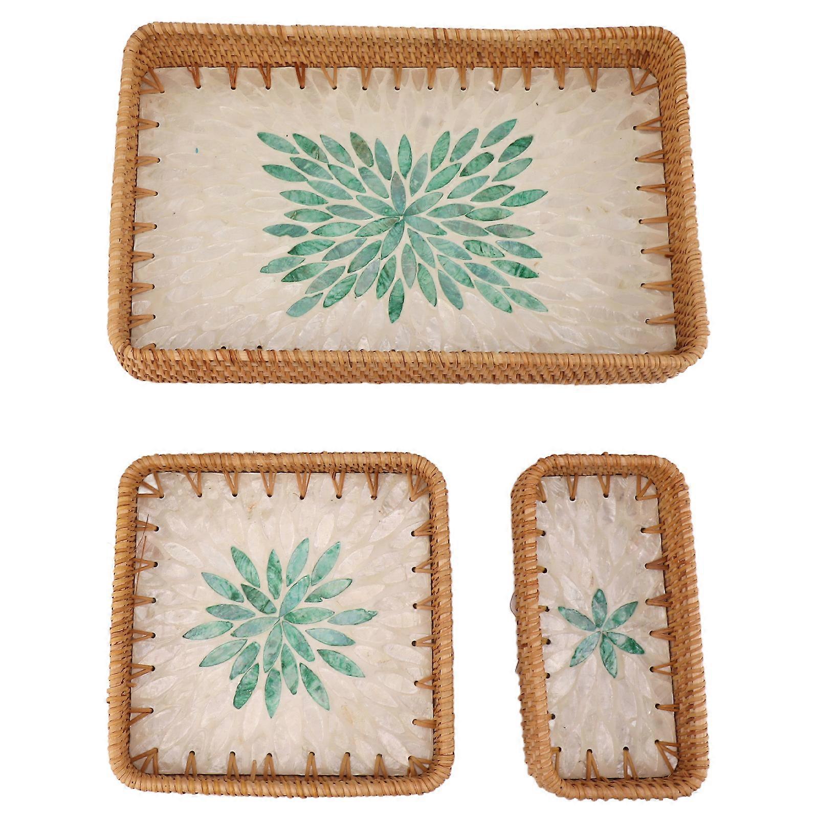 3 Stück Rattan Obst Tablett Rechteckiges Obsttablett Mehrzweck-Aufbewahrungstablett für Home Restaurant Middle Green Leaf