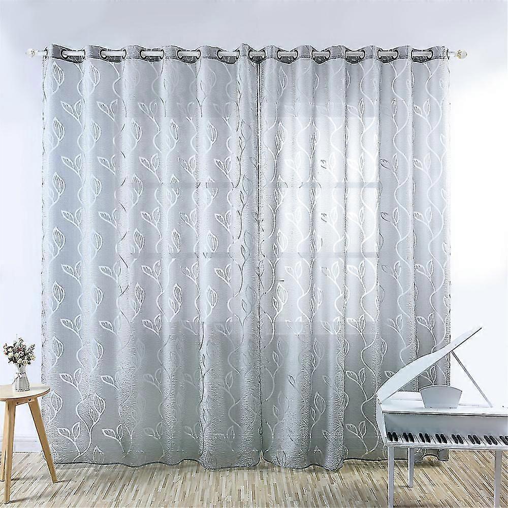 1 Pair Leaf Sheer Curtain - 100x250cm - Grey