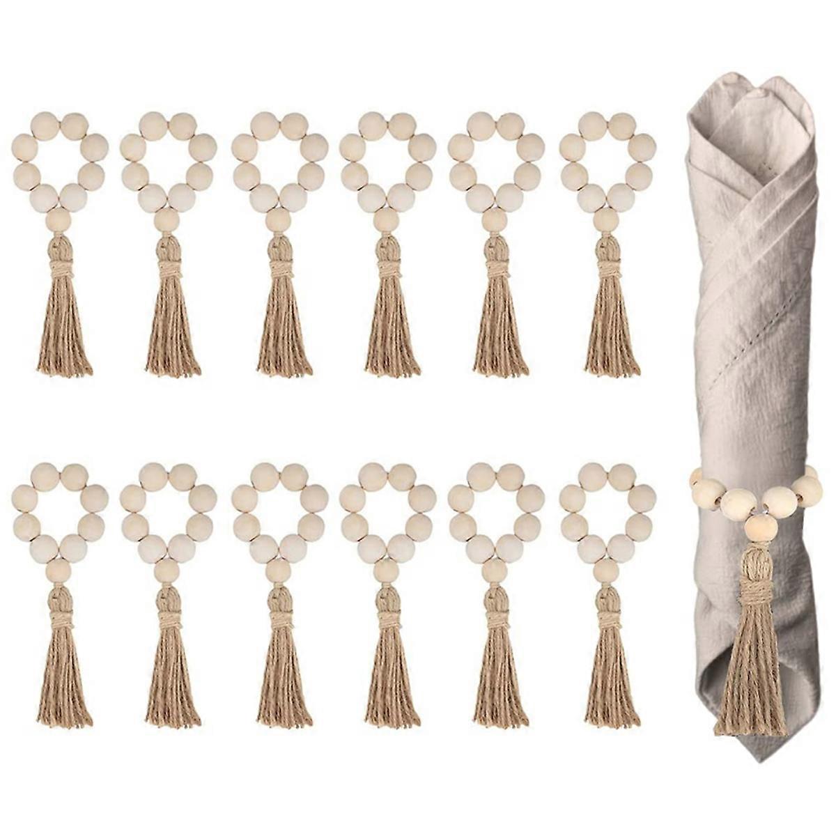 12PCS Natural Wooden Beads Napkin Rings with Tassels Napkin Holders