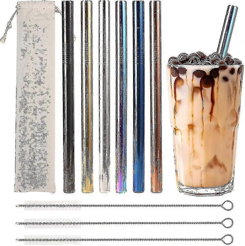 6pcsタピオカティーストローステンレス鋼の飲用ストロー金属ストローカラフル - ボバビーズ用の12mm幅のストロー、3つのブラシと1つのキャリングバッグHA