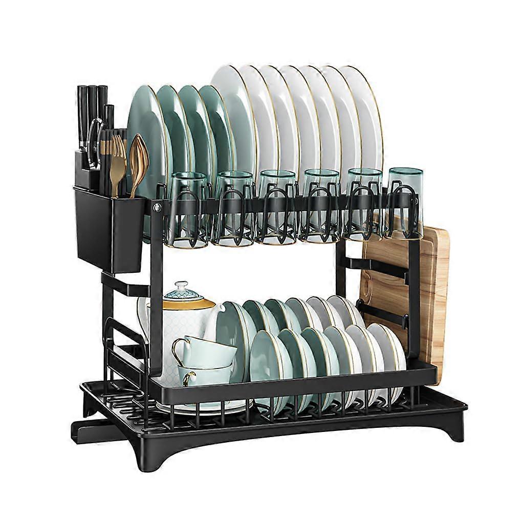 2 Tier Dish Drying Rack Black Metal with Drainboard, Utensil Caddy, Cup Holder, Cutting Board Storage for Kitchen Counter