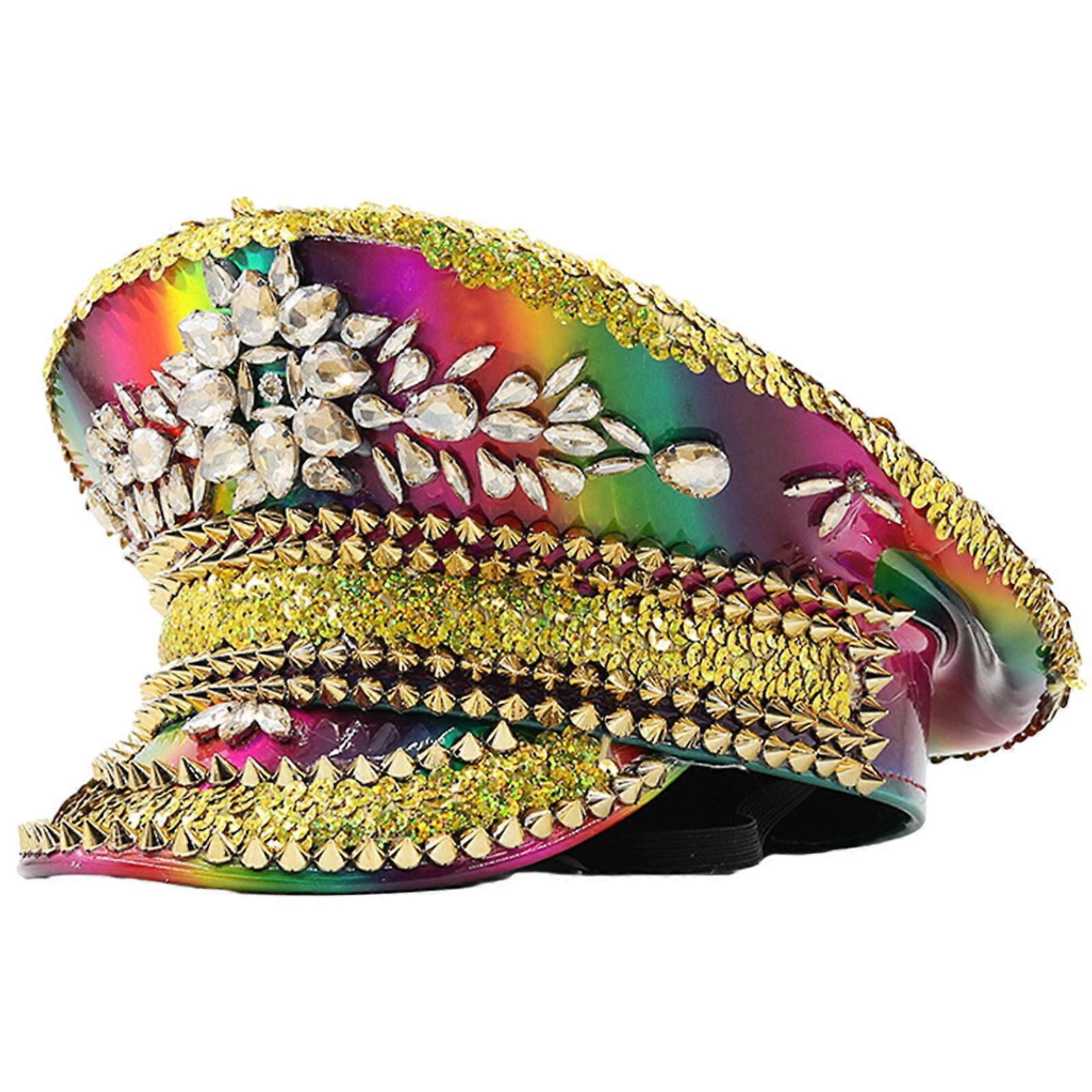 Club Girl Hat Shimmering Captain Hat Crystal Sailor Hat for Music Festivals Sparkly Crystal Charm Colorful Hat Versatile  Colorful