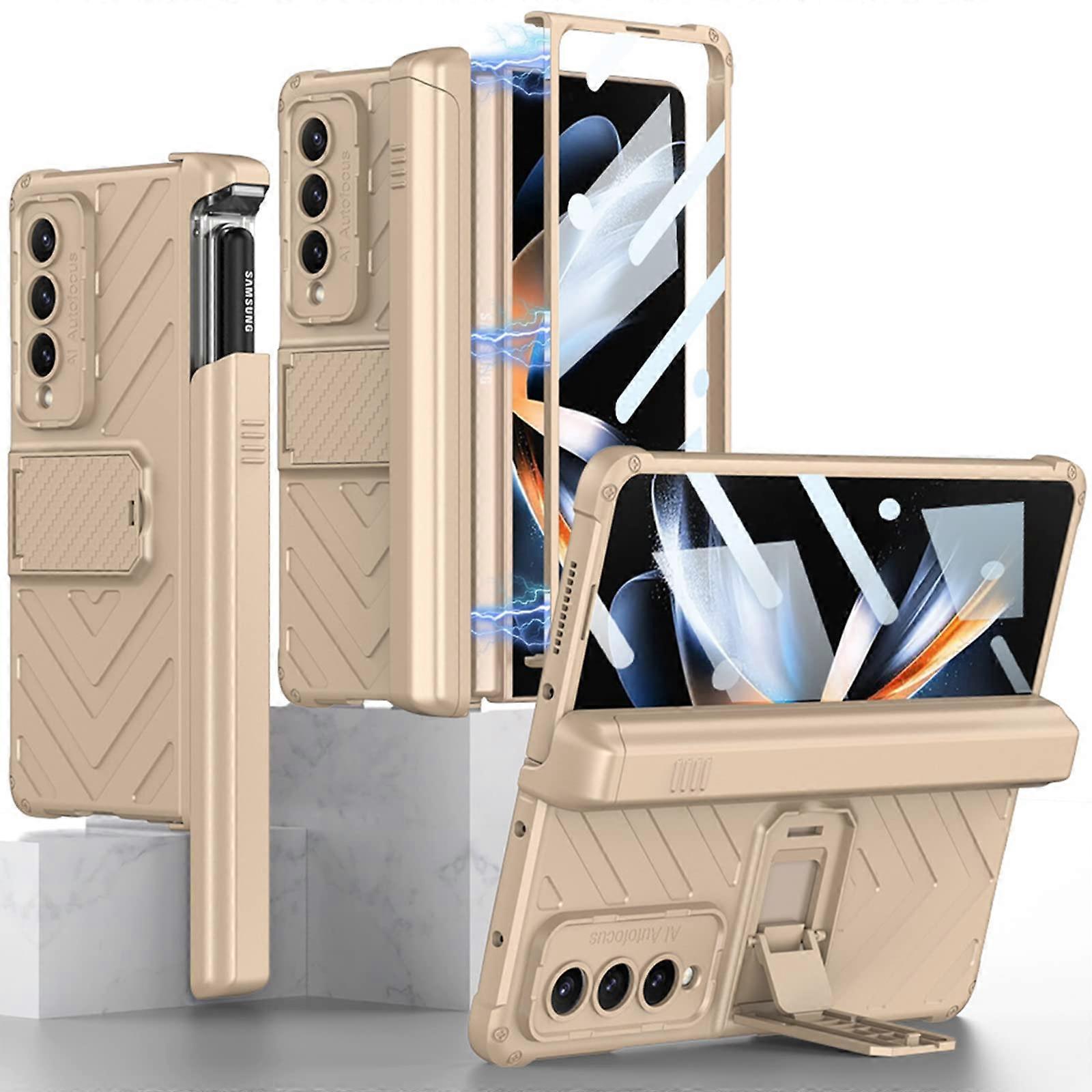 Compatible for Samsung Galaxy Z Fold 4 Case with Pen Holder, Built-in Screen Protector+Kickstand (Champagne)