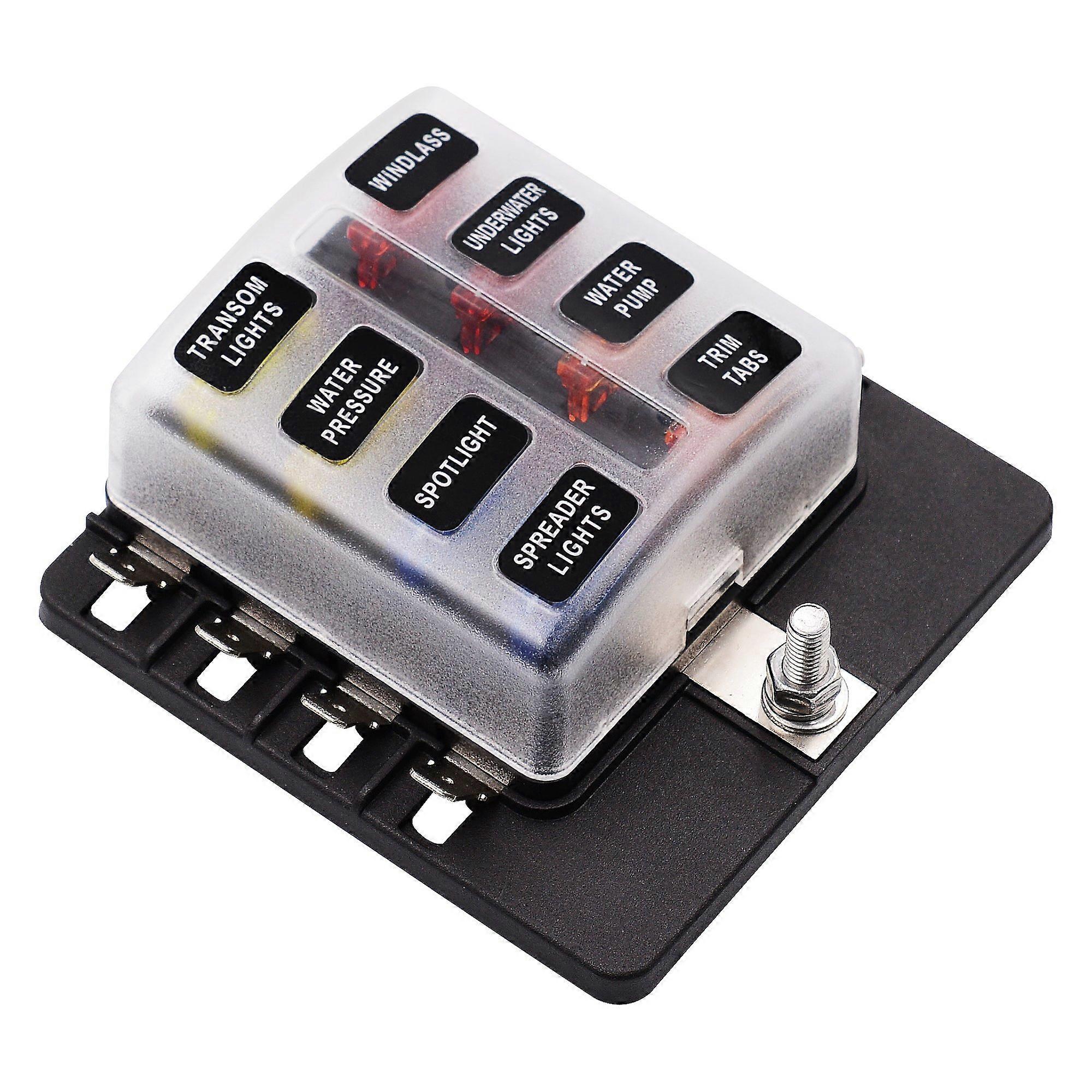 8 Way 12V Fuse Box, 12Volt Blade Fuse Block, 8 Circuit w/Negative Bus,, LED Indicator for Vehicle