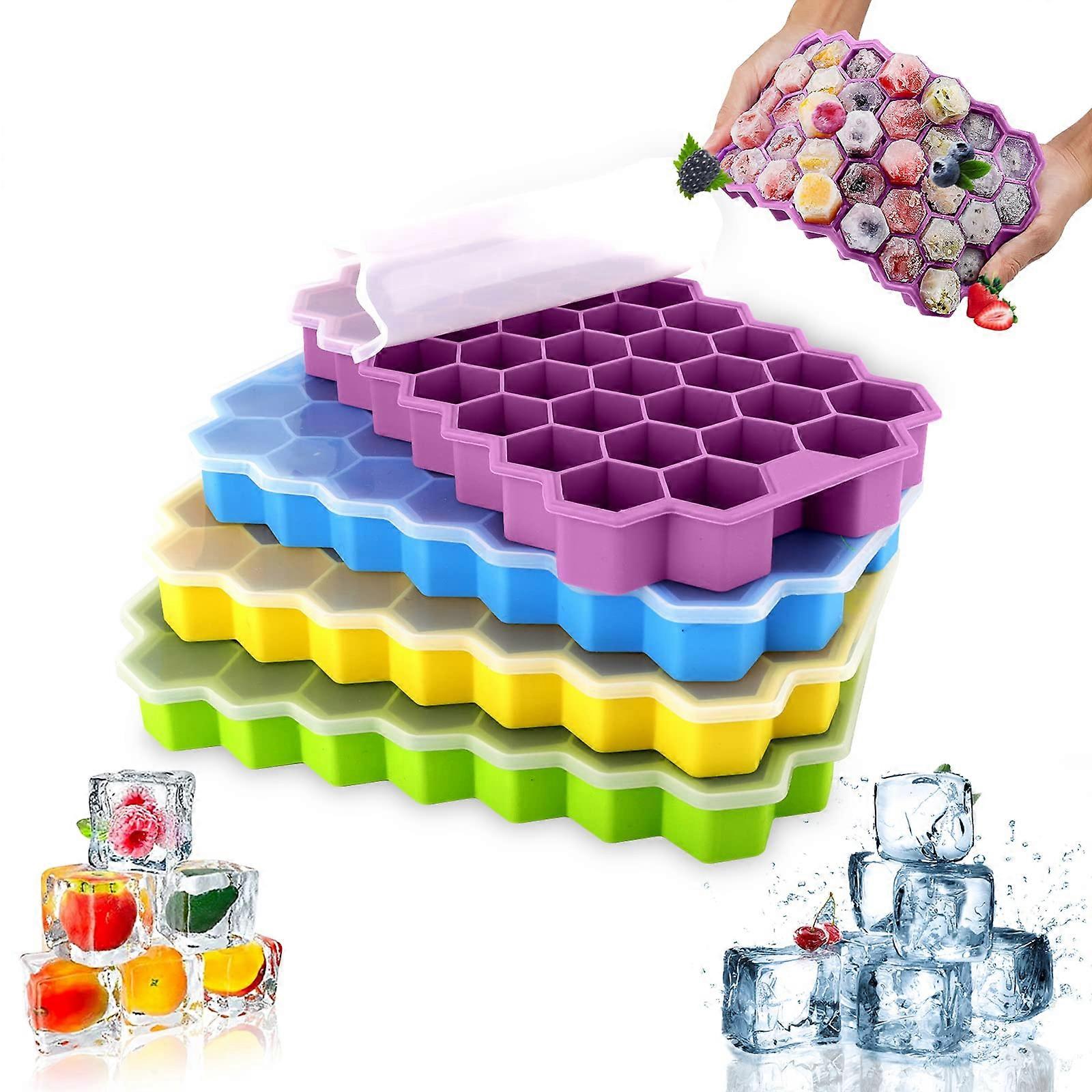 Silicone Ice Cube Tray Pack Of 4 With Lids Inverted Buckle Design 37-Compartment Stackable Trays For Cocktails