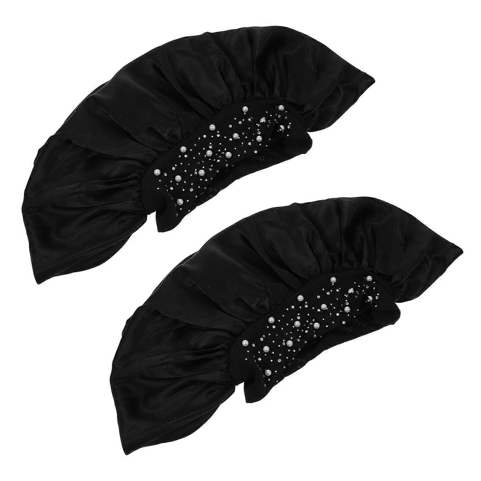Shampoo Shower Cap Practical Multipurpose Round Shape Elastic Band Black Color Polyester Material for Hair Protection 2Pcs