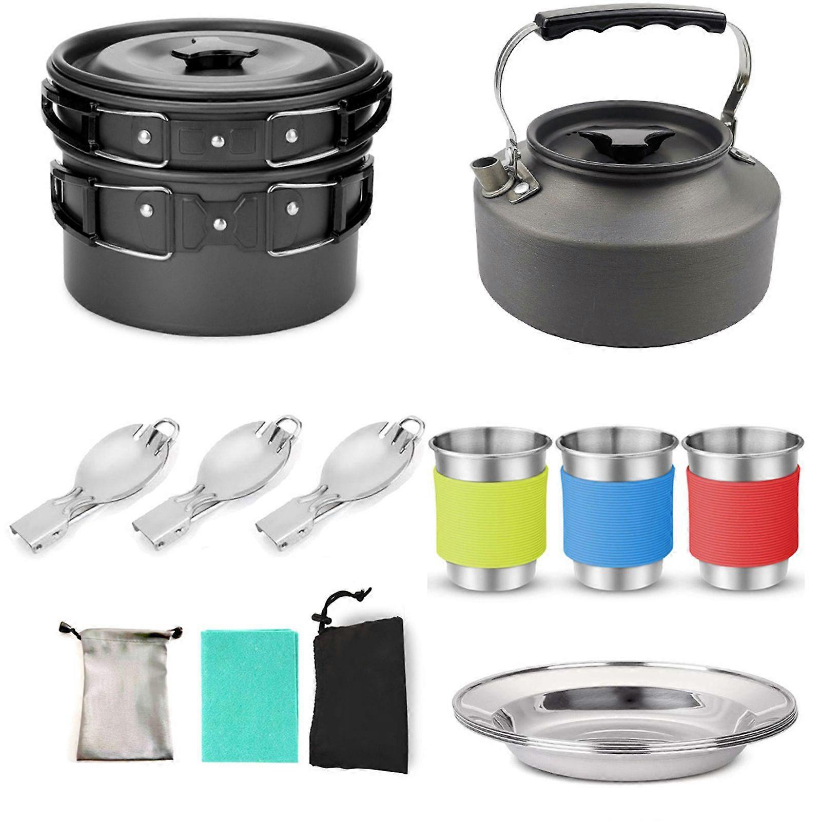 Set de vase de gătit pentru camping Echipament de gătit în aer liber pentru camping, drumeții și picnicuri pentru 2-3 persoane, totul într-un singur set compact de gătit pentru tabărăYMHC