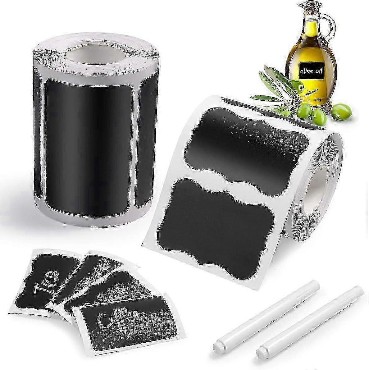 Reusable Blackboard Labels - 300PCS Black Sticky Labels with 2 Rolls + 1 Chalk Marker for Organizing & Crafts