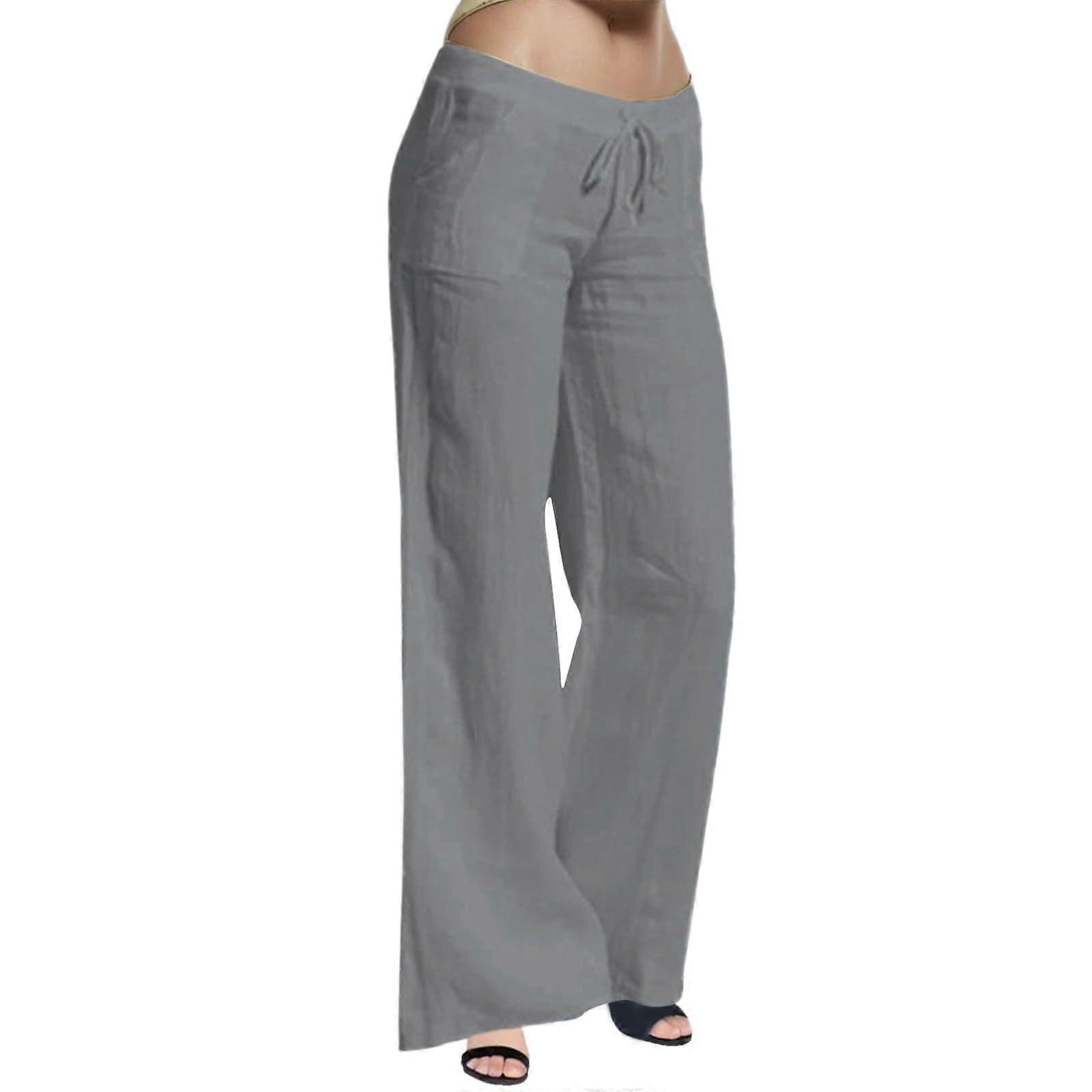 Relaxedfit pants with elastic cuffs, drawstring waist, solid color, women's long pants, wideleg, waisted, gray, XL