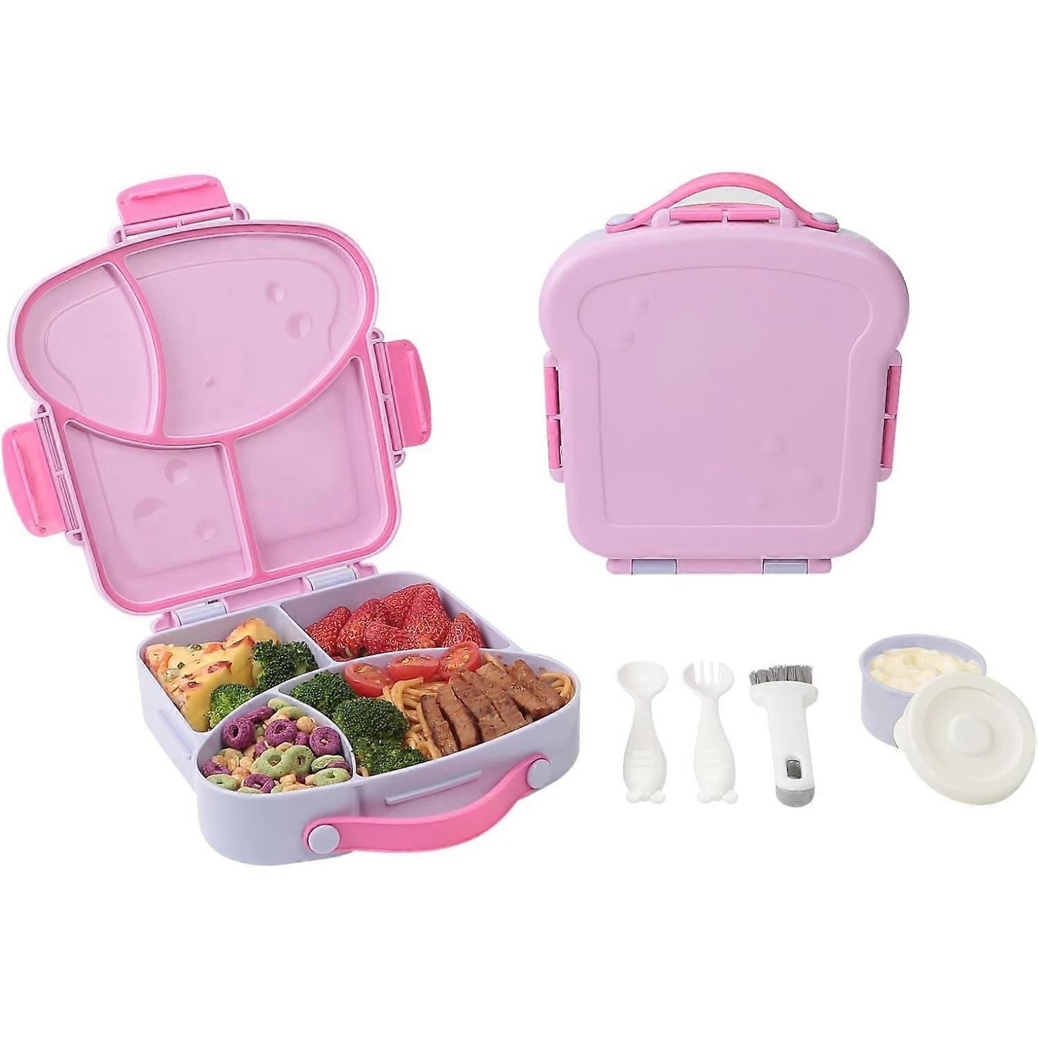Kids Toast-Shaped Bento Lunch Box - 4-Compartment Reusable Food Container with Sauce Cup, Utensils & Brush - BPA-Free, Microwave/Freezer Safe - Purple