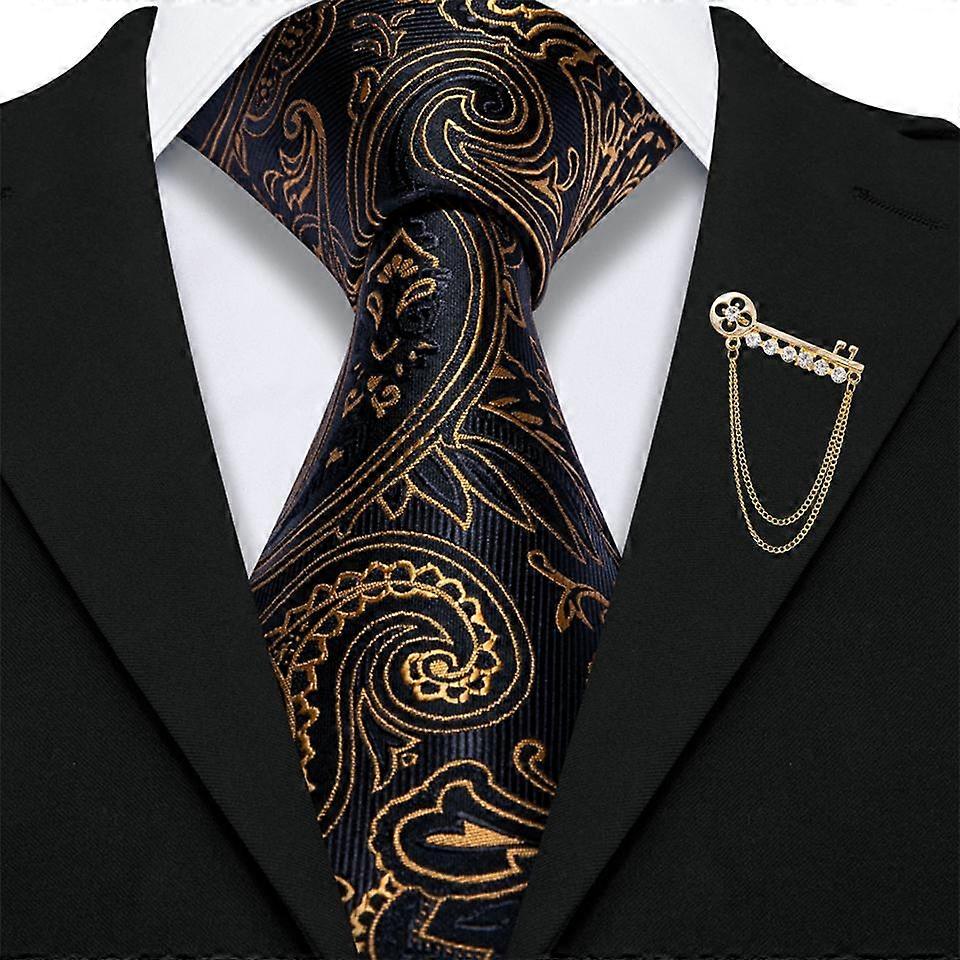 Barry.Wang Brooch with Tie for Men Gold Black Paisley Silk Necktie Hanky Cufflinks Set
