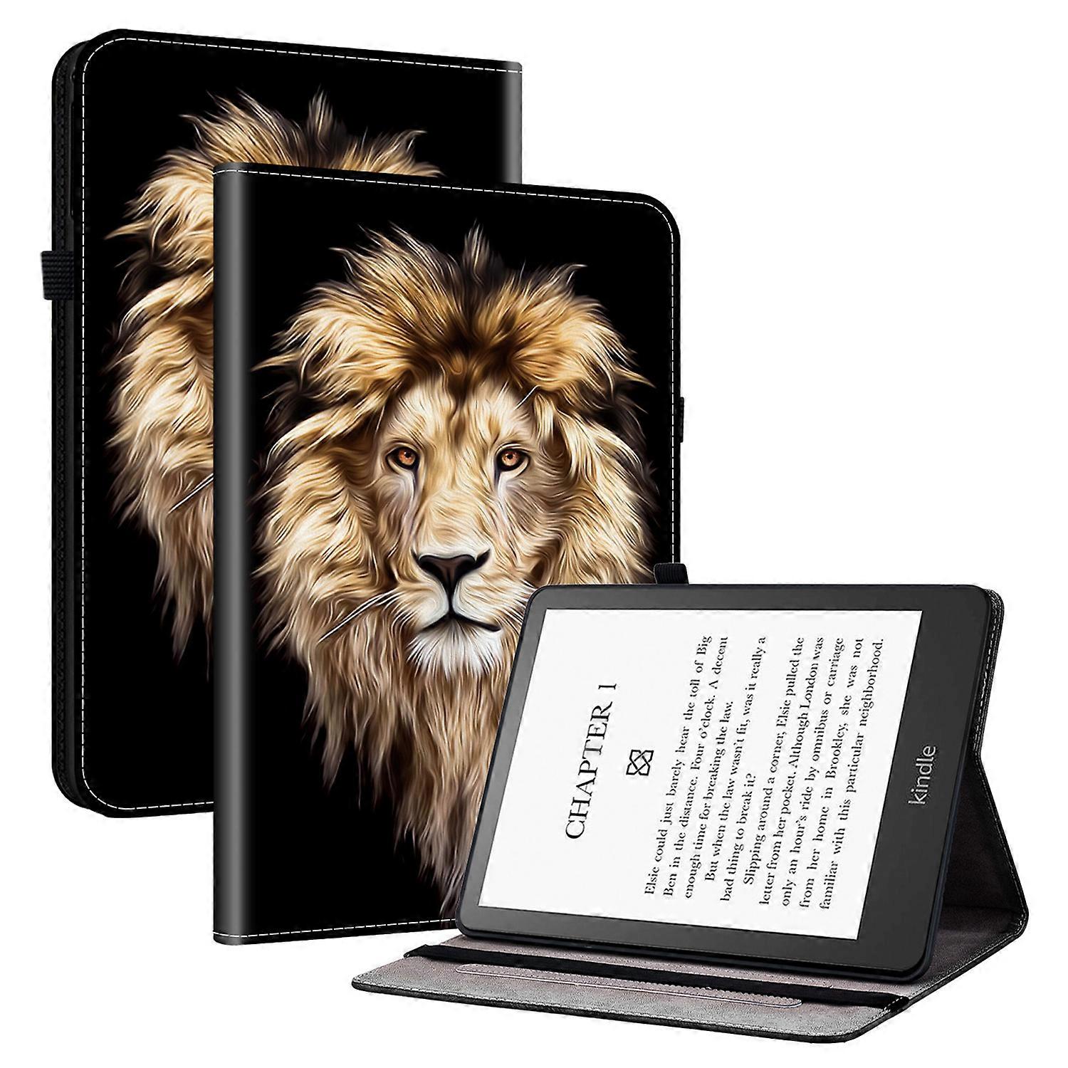 Per Amazon Kindle Paperwhite (2021) Custodia in pelle Custodia in pelle Custodia stampata Custodia per tablet con fessure per schede Testa di leone