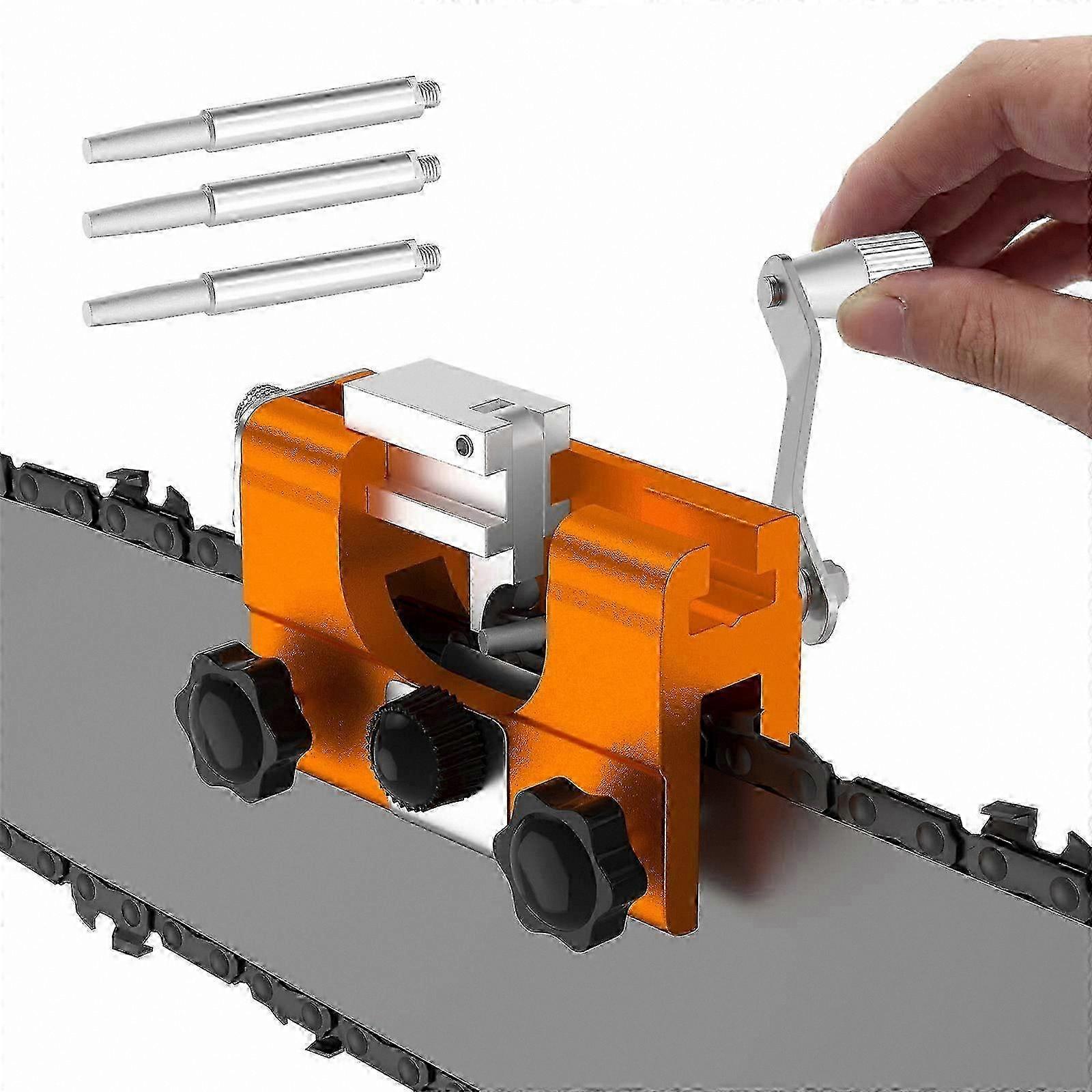 Manual Chainsaw Chain Sharpener with 3 Grinding Heads, Portable Hand Crank Tool for Maintenance, 2-in-1 Design