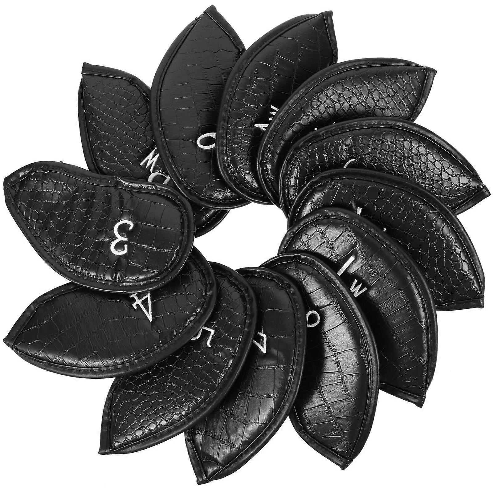 Golfs Club Protective Cover 12Pcs Black PU Smooth Surface Crocodile Pattern For Golf Players And Storage