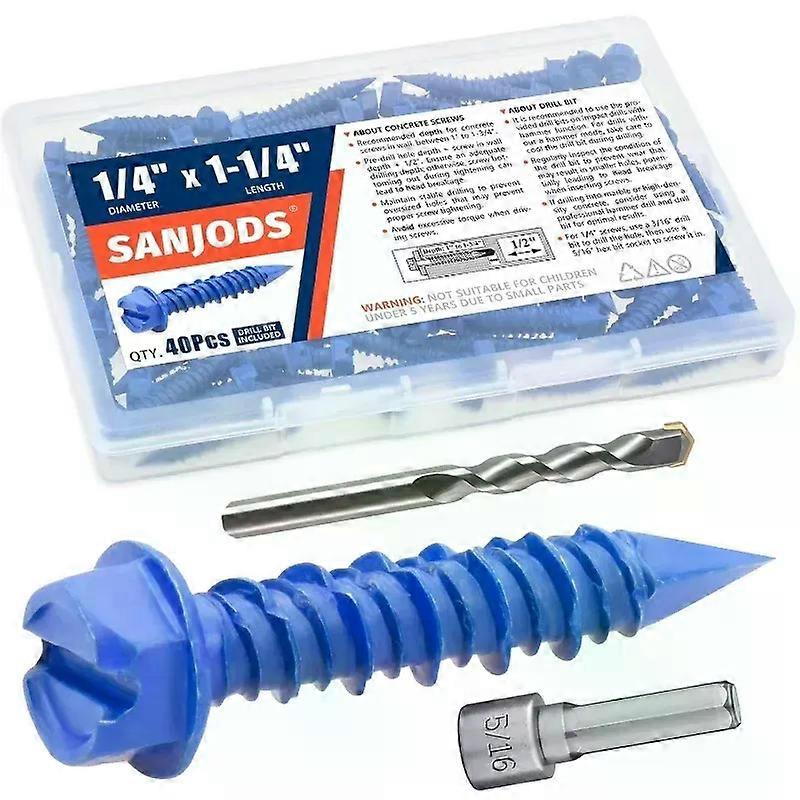 40pcs 1/4 x 1-1/4 Concrete Screw Anchor Blue Hex Head Screws for Anchoring to Masonry Brick Block Cement or Stucco