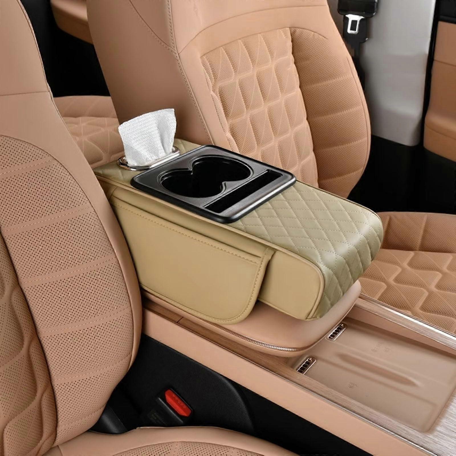 Car Armrest Pad For Volvo V60 Cross Country , Soft Cushioned Armrest With Storage Bag, Beige