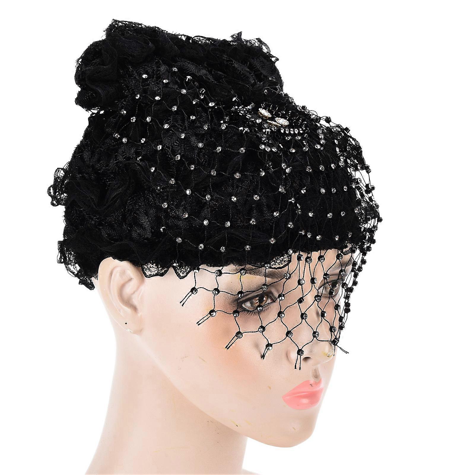 Soft Stretchable Black Lace Head Wrap with Rhinestones, Free Size