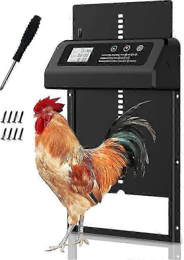Chicken Flap Automatic with TimeHand Mode, Aluminium Alloy Automatic Chicken Flap, Electric Chicken Door Cold-safe LCD Screen Anti-Clamp (Black)