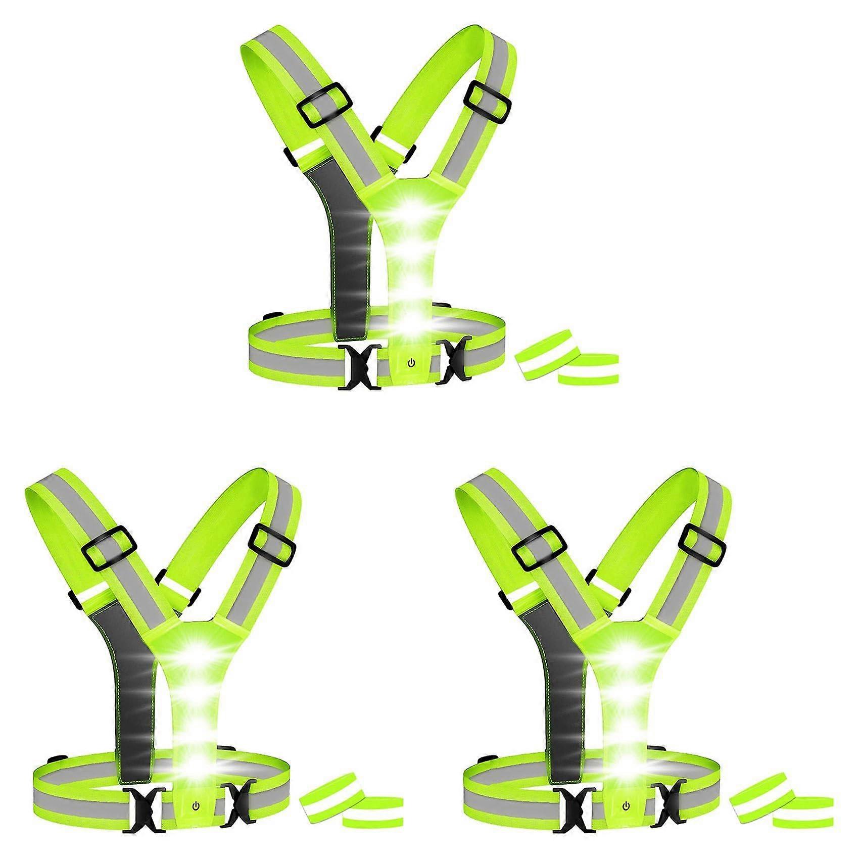 3X LED Running Vest High Visibility Reflective Safety Vest With 6 Reflective Bands For Cycling Jogging Running