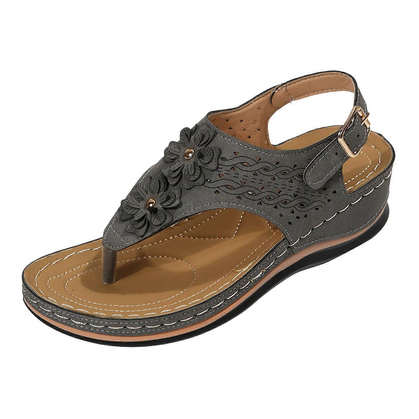 Sehao Women's Comfy Open Toe Thong Sandals Mitigate Foot Fatigue Shoes Grey Size 6.5,Wide Widths Available