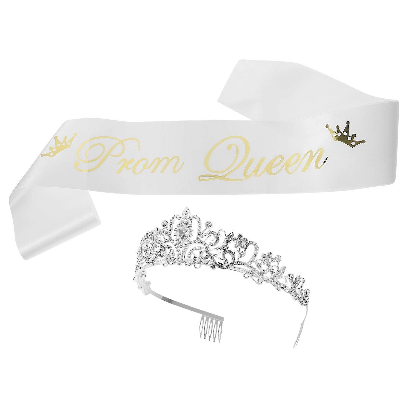 Graduation Decorations Crown and Prom Queen Sash 2Pcs White Set