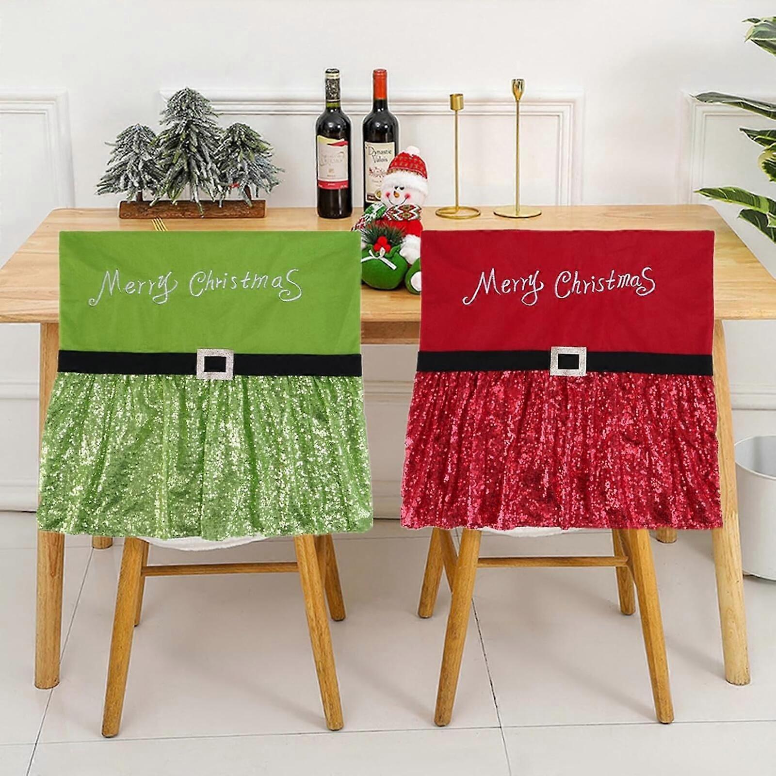 2PCS Christmas Chair Back Covers with "Merry Christmas" Embroidery - Classic Red & Green Sequined Chair Slipcovers for Xmas Party, Dining Room, Kitche