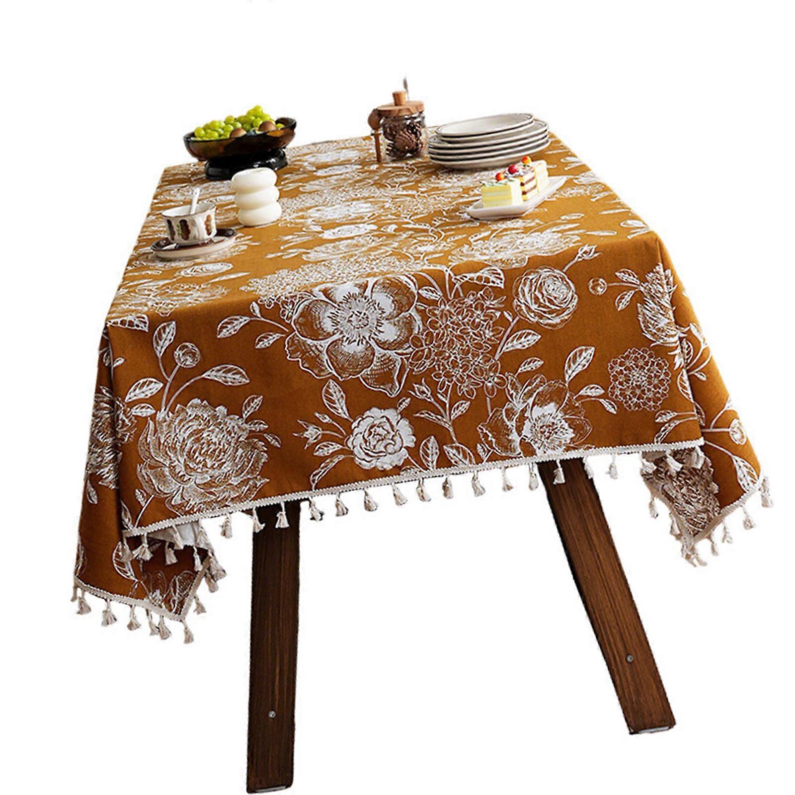 Premium Color Flower Tablecloth Stainproof Easy to Clean Durable Polyester For Most Tables  Warm brown