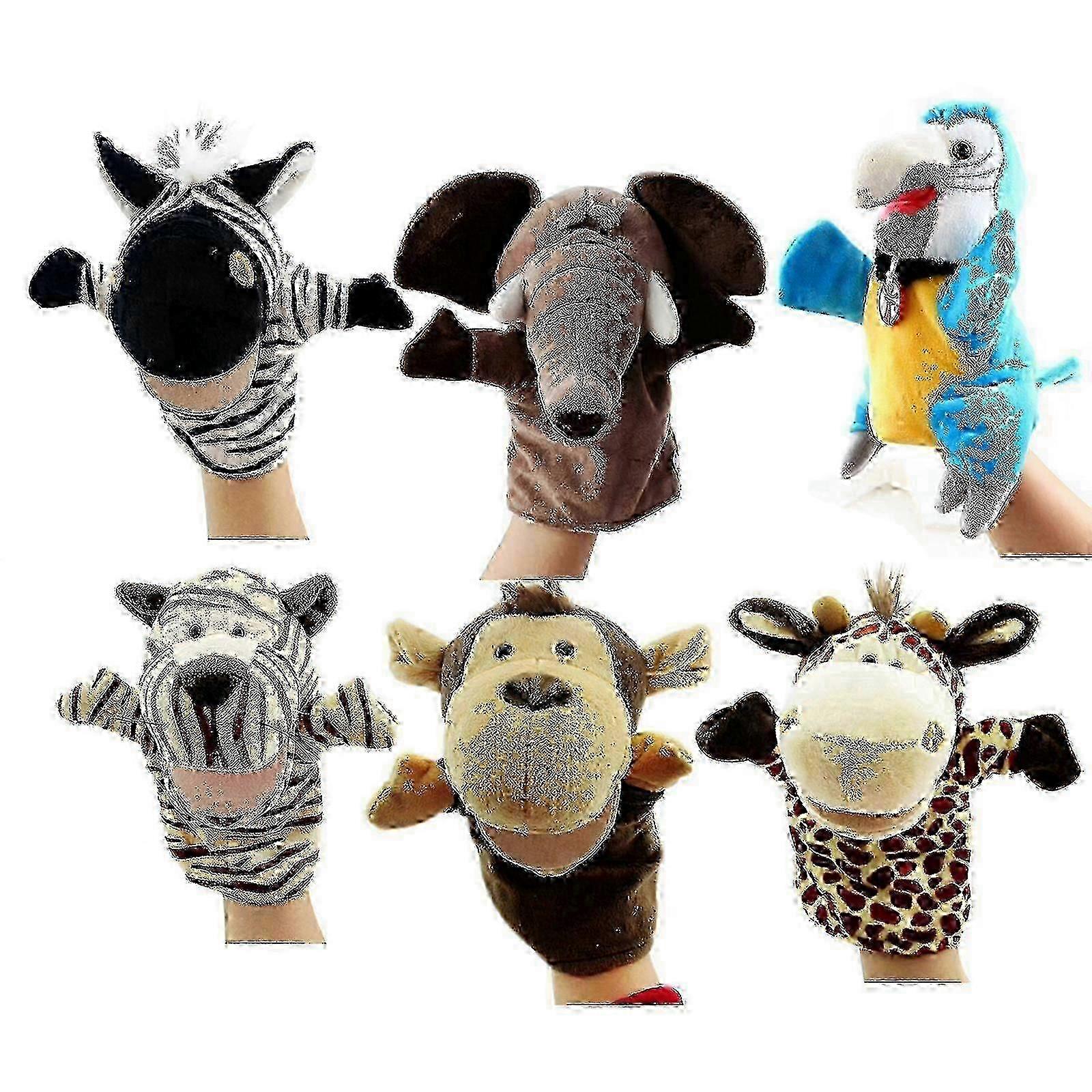 Hand Puppets, Set Of 6 (elephant, Tiger, Parrot, Giraffe, Monkey, Zebra) hwy