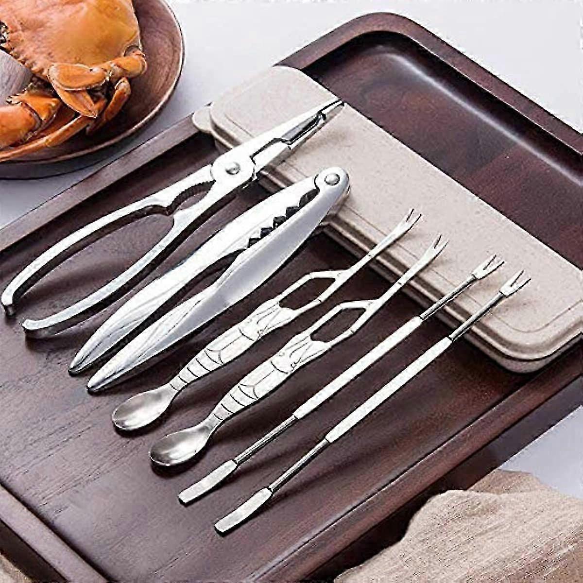 Seafood Tools Lobster Crackers and Picks Set 6-Piece Crab Leg Crackers and Tools - Stainless Steel Seafood Crackers & Forks Nut Cracker Set with Stora