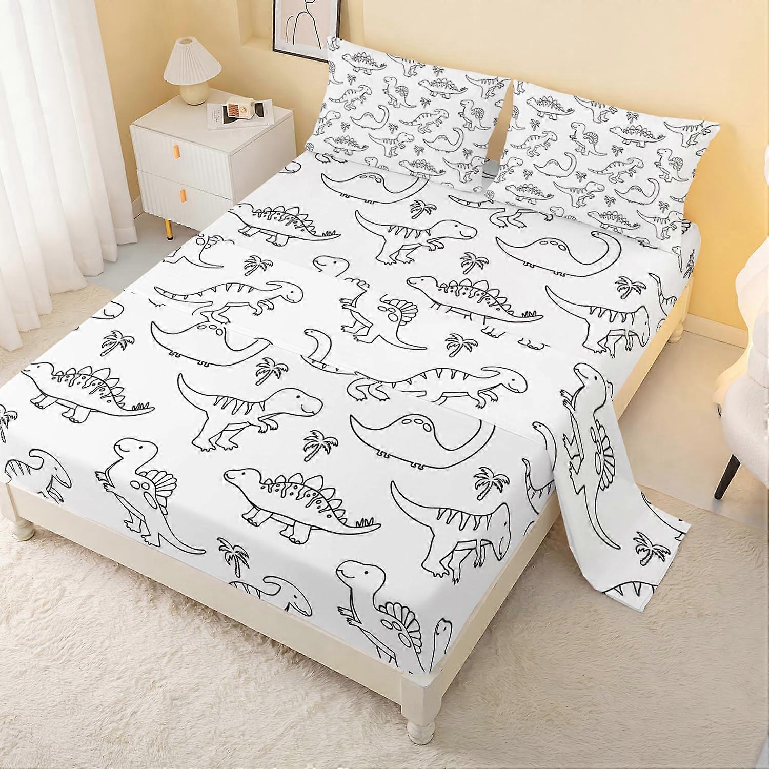 Dinosaur Bed Set Twin Size Bedding For Kids Soft Breathable Fitted And Flat Sheets 2 Pillowcases 4 Pieces H4 Twin