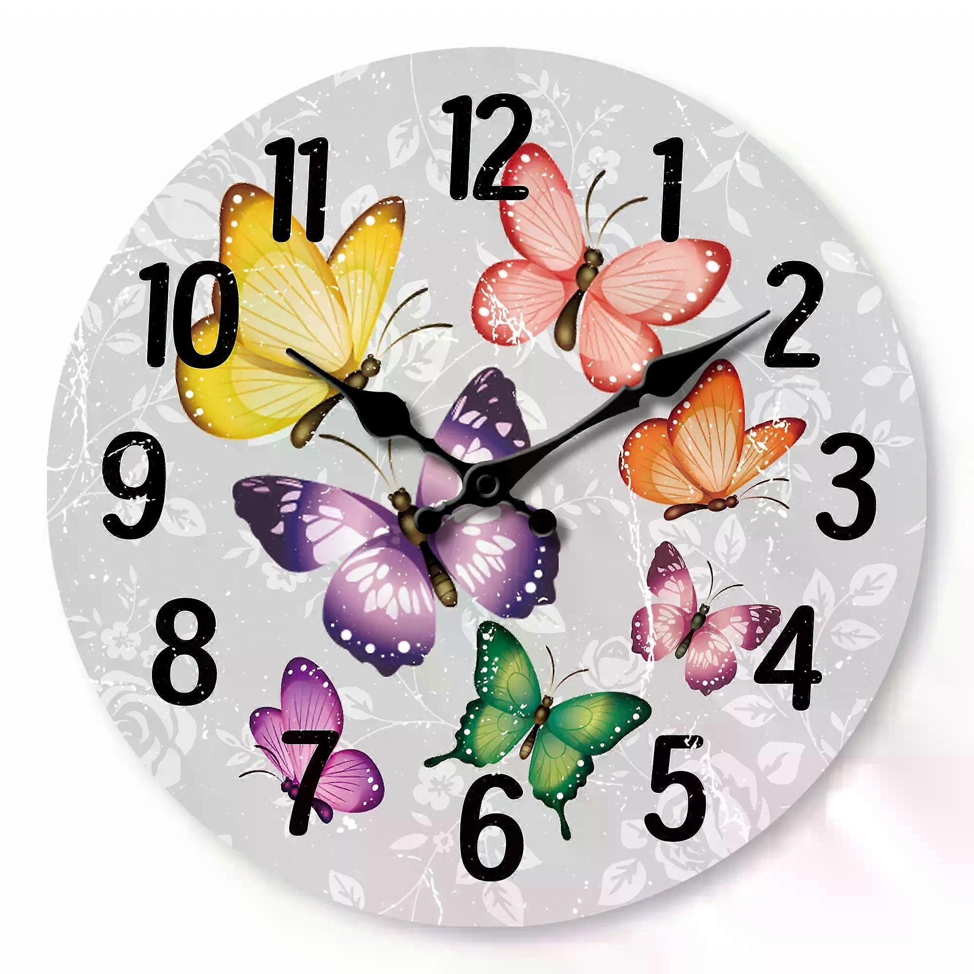 1pc Retro round wooden wall clock, 7 beautiful colorful butterfly and flower patterns designed wall clock, silent clock, home de