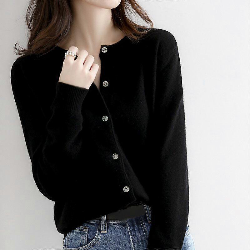 Women Polyester Blend Sweater Solid Color Simple Crew Neck Cardigan Jacket Coat