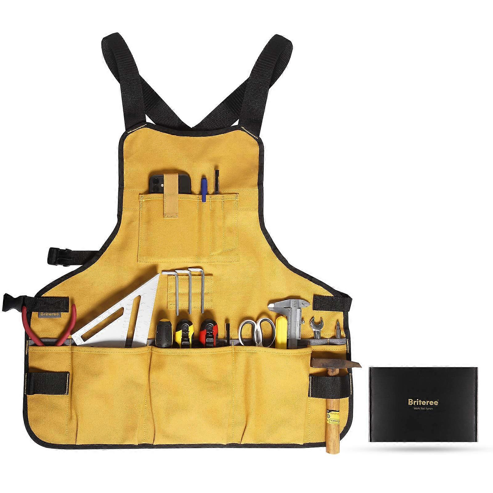 Canvas Work Apron with 21 Tool Pockets and Magnetic Holder for Woodworking and DIY – Yellow