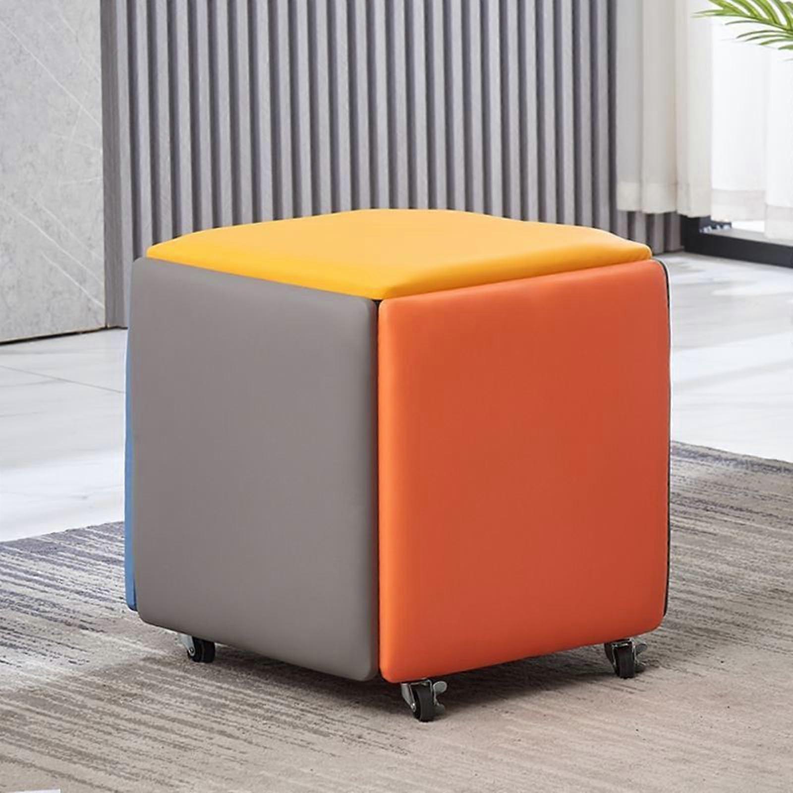 5in1 Stackable Ottoman Set with Wheels, SpaceSaving PU Leather Stools, Coffee Color for Living Room