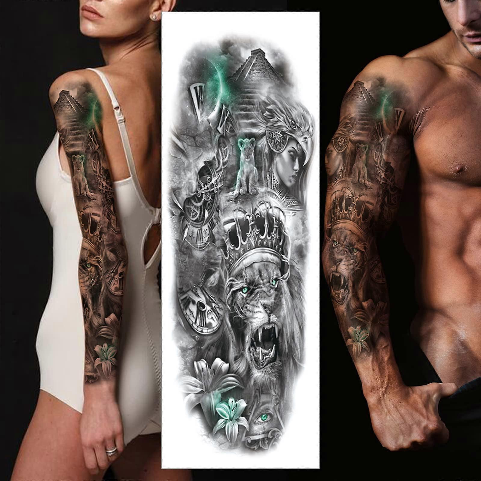 Temporary Sleeve Tattoo Waterproof Full Arm Coverage Realistic 3D Lion Pattern for Adults