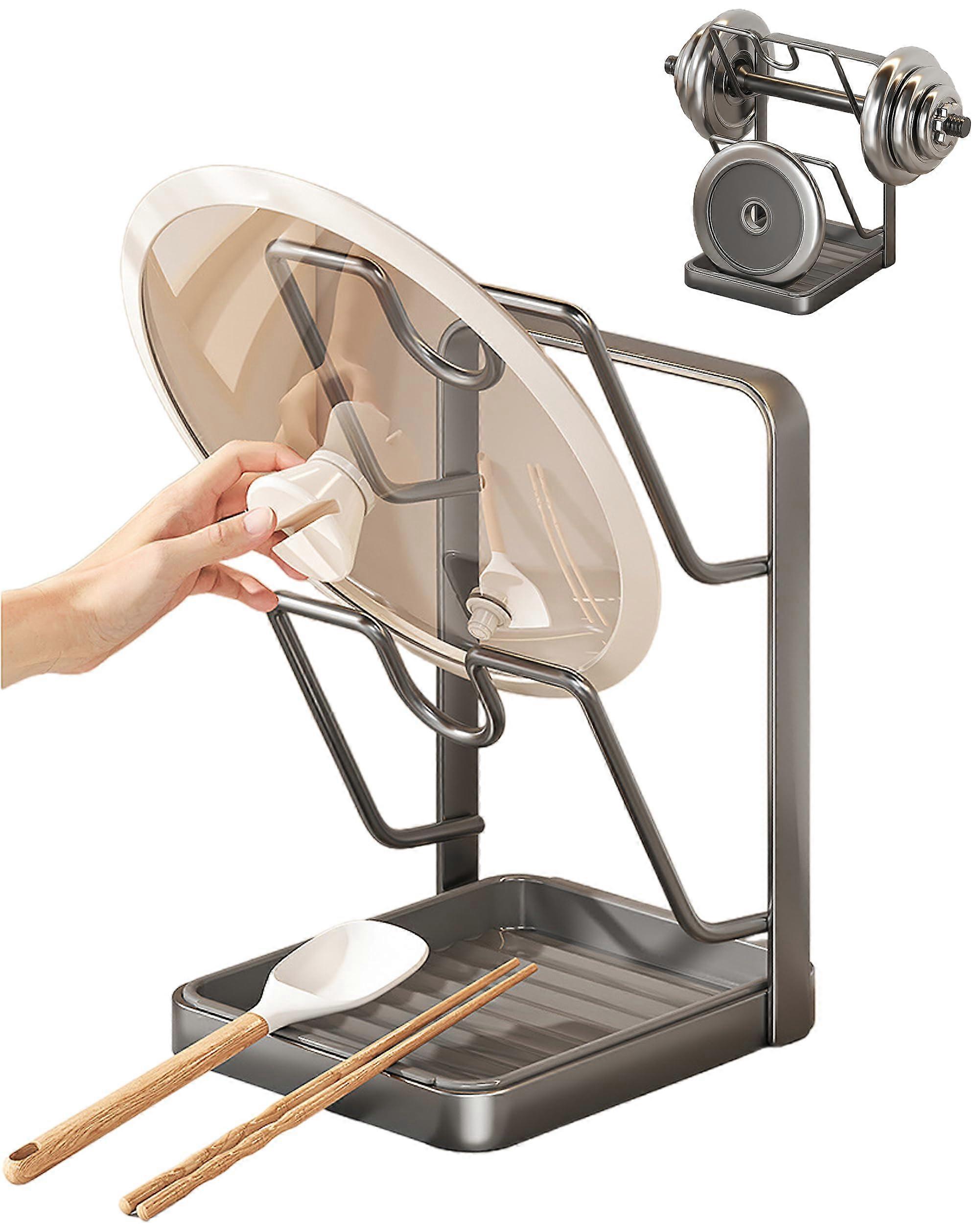 Pot Lid Holder with Removable Drip Tray, Double Layer Stainless Steel Kitchen Storage Rack (Gray)