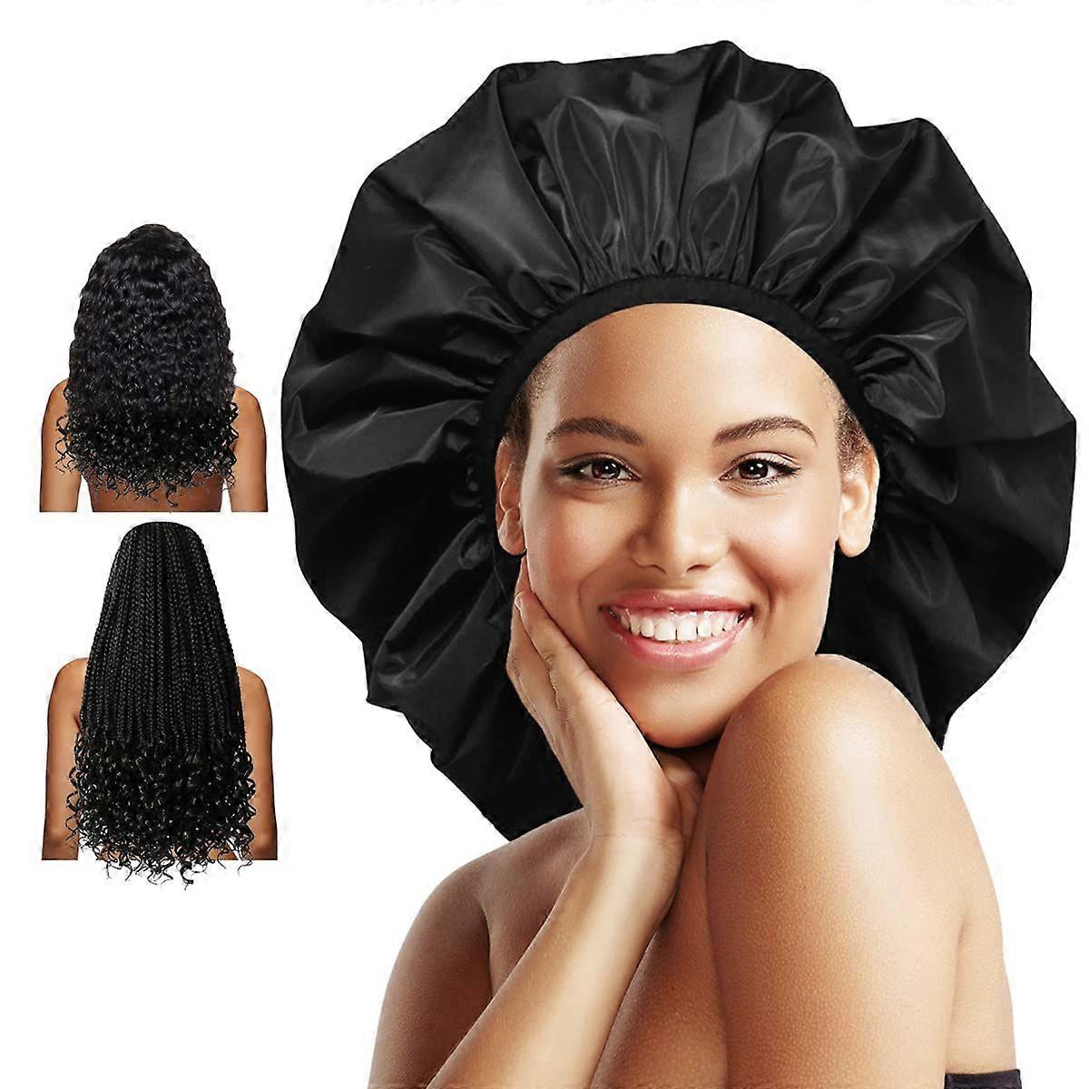 Extra Large Shower Cap, Double-Layer Waterproof Reusable, XL Satin Lining Shower