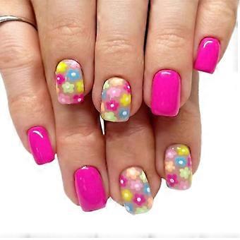 24x Colorful Flowers Full Covers False Nail Solid Color Press On Nail Short Square Stick On Nail Glossy Acrylic Nail