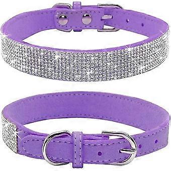 Rhinestone Dog Collar, Cute Dazzling Sparkling Soft Suede Leather Dog Cat Rhinestone Collar Crystal Diamond Pet Dog Puppy Collar(purple,xs)