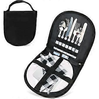 Camping Kitchen Silverware Mess Kit Cutlery Organizer-13Pcs Pinic Eating Utensils Set with Eco-Friendly Plate Spoon Knife Fork Wine Opener Napkin for