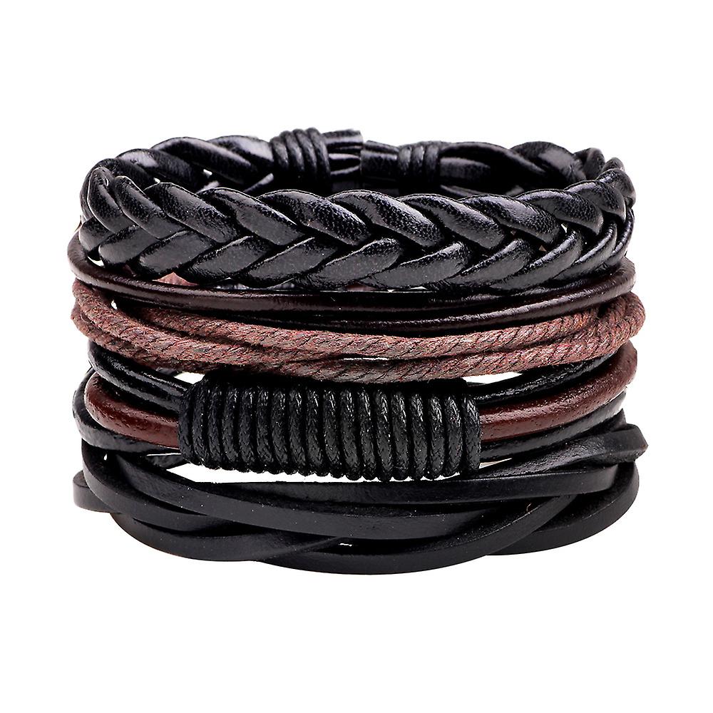 Mens Bracelet Set Beads Leather Stranded Multilayer Braided Rope