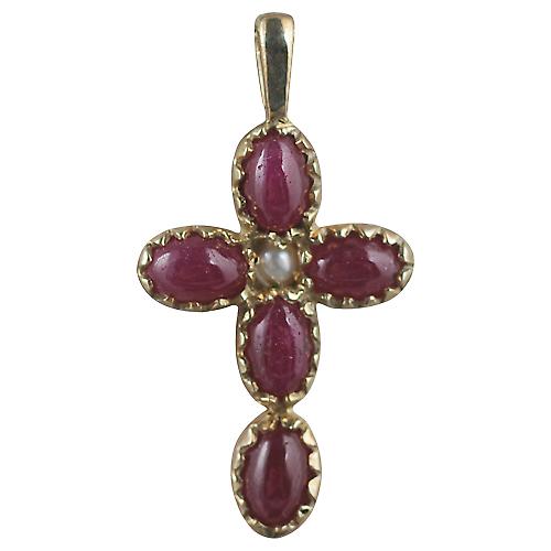 9ct Gold 25x16mm Cross set with 5 Rubies and 1 Pearl