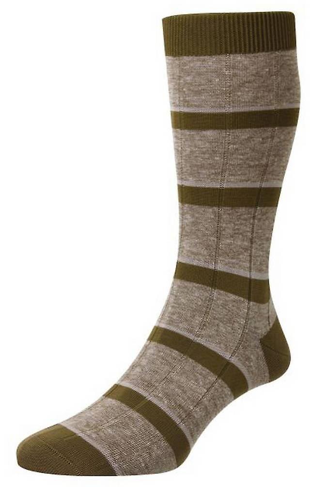 Pantherella Samarkand Rib Stripe Linen Blend Socks - Hessian Brown