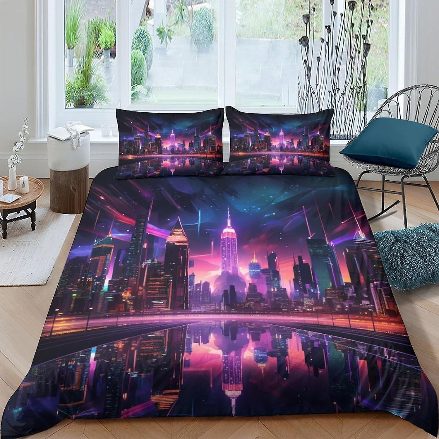 VCLUST City Night Scene Dekbedovertrek Set 3D Beddengoed Set Decoratieve Microfiber Polyester lichte Dekbedovertrek met Kussen Shams, Ritssluiting, 3-delige Set Qu